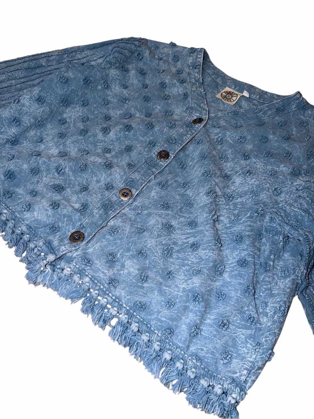 PRODUCE COMPANY Blue Textured Button-Front Cropped Blouse